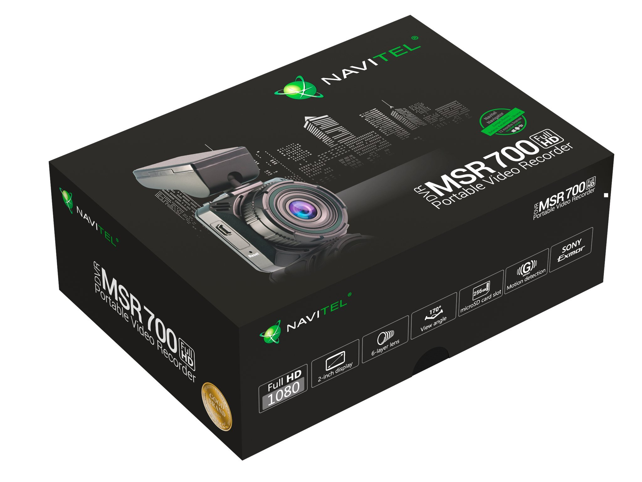 Czarne pudełko z ilustracją kamery samochodowej i nazwą NAVITEL MSR 700 HD.