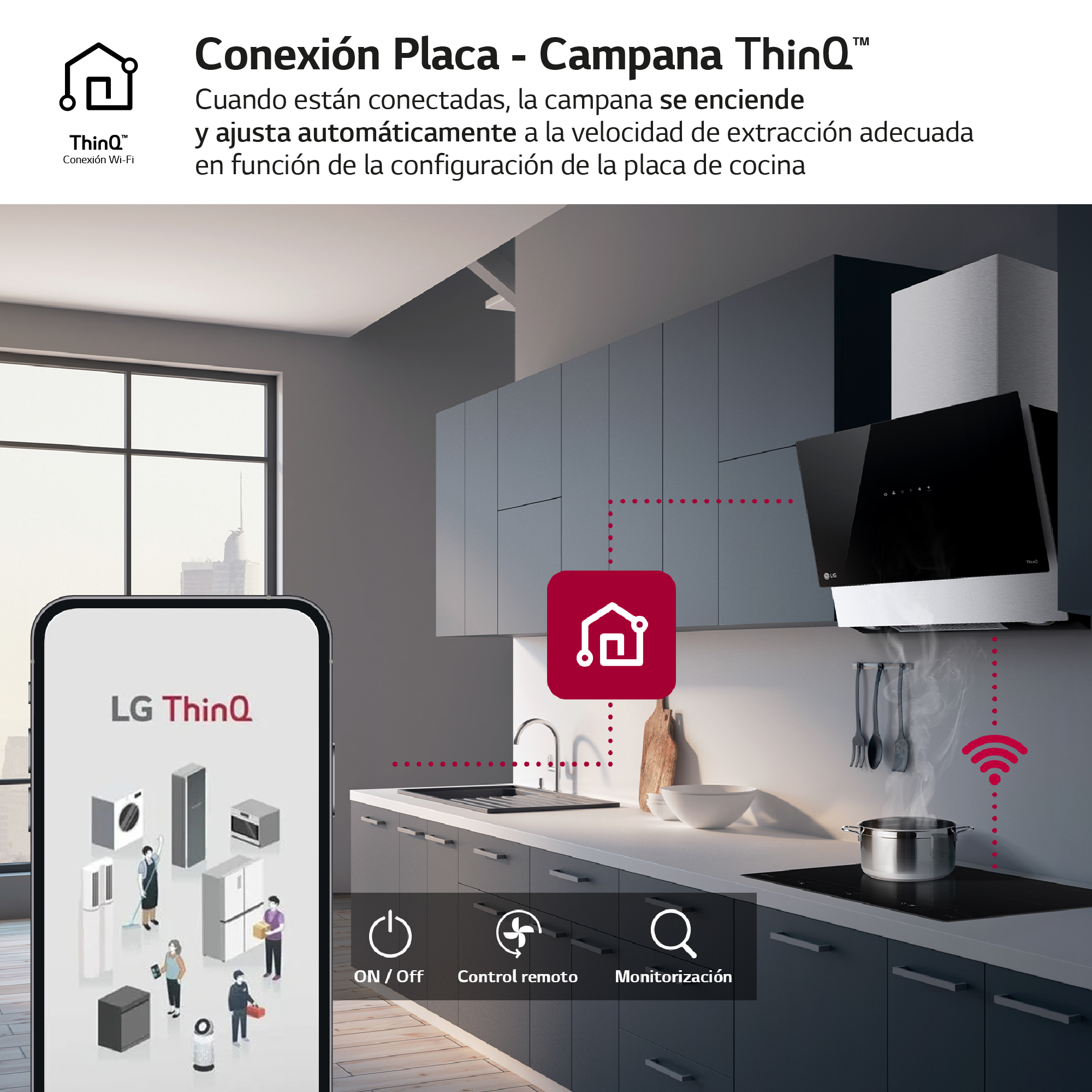Escena de cocina con placa de cocina, teléfono inteligente y campana extractora.