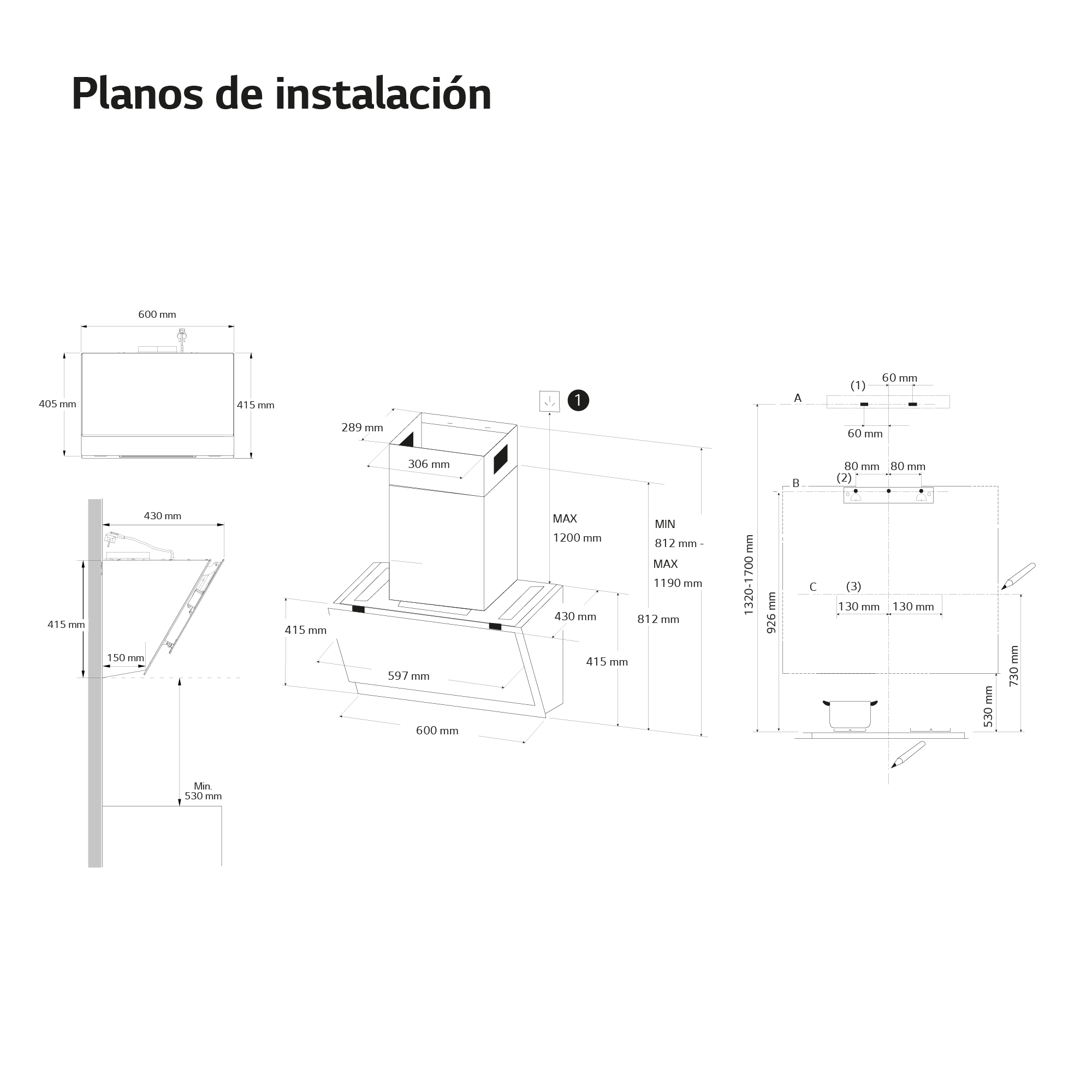 Dibujos técnicos de una campana extractora con dimensiones y detalles de instalación.
