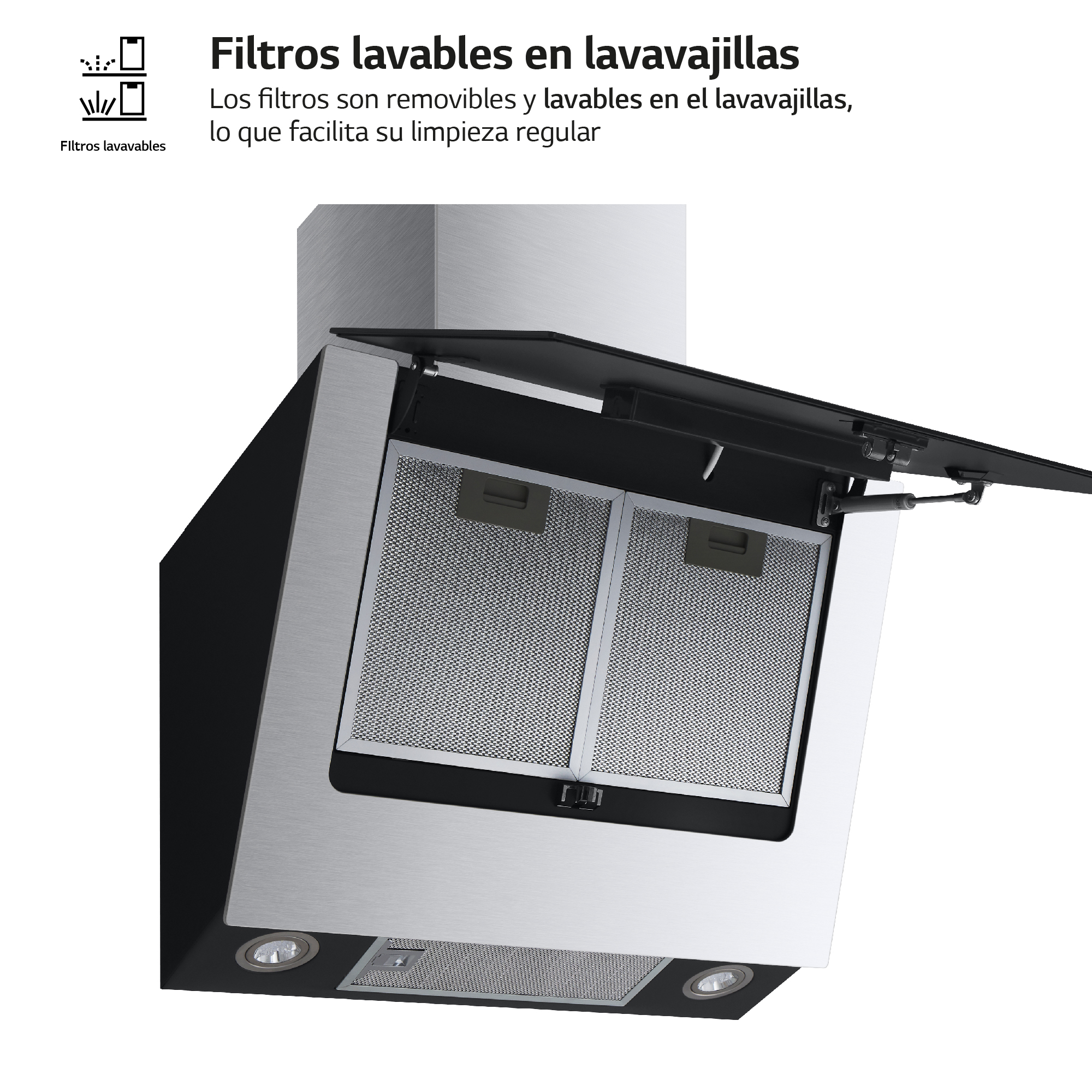 Campana extractora con filtros abiertos. Texto en español sobre filtros extraíbles.