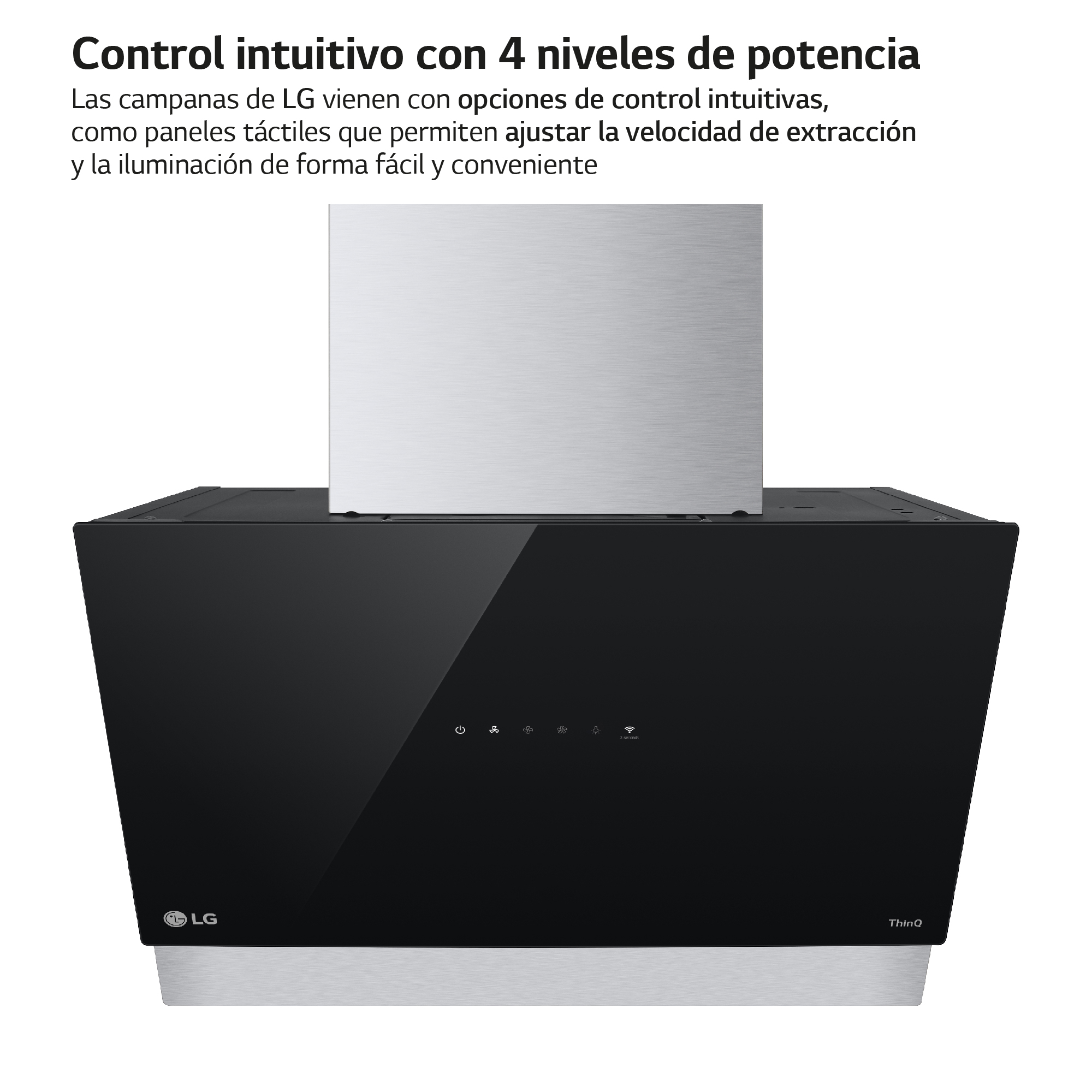 Campana extractora negra LG con panel de cristal y botones.