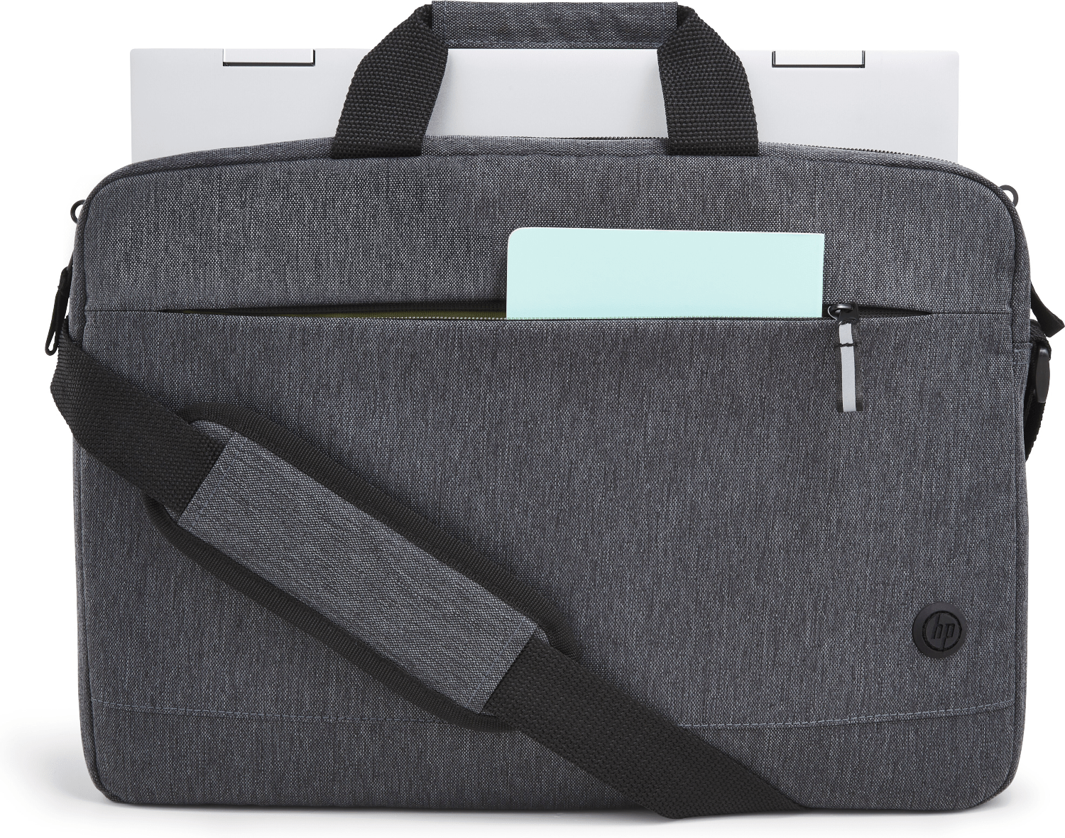 Bolsa para portátil gris HP con un portátil y un bloc de notas pequeño en un bolsillo.