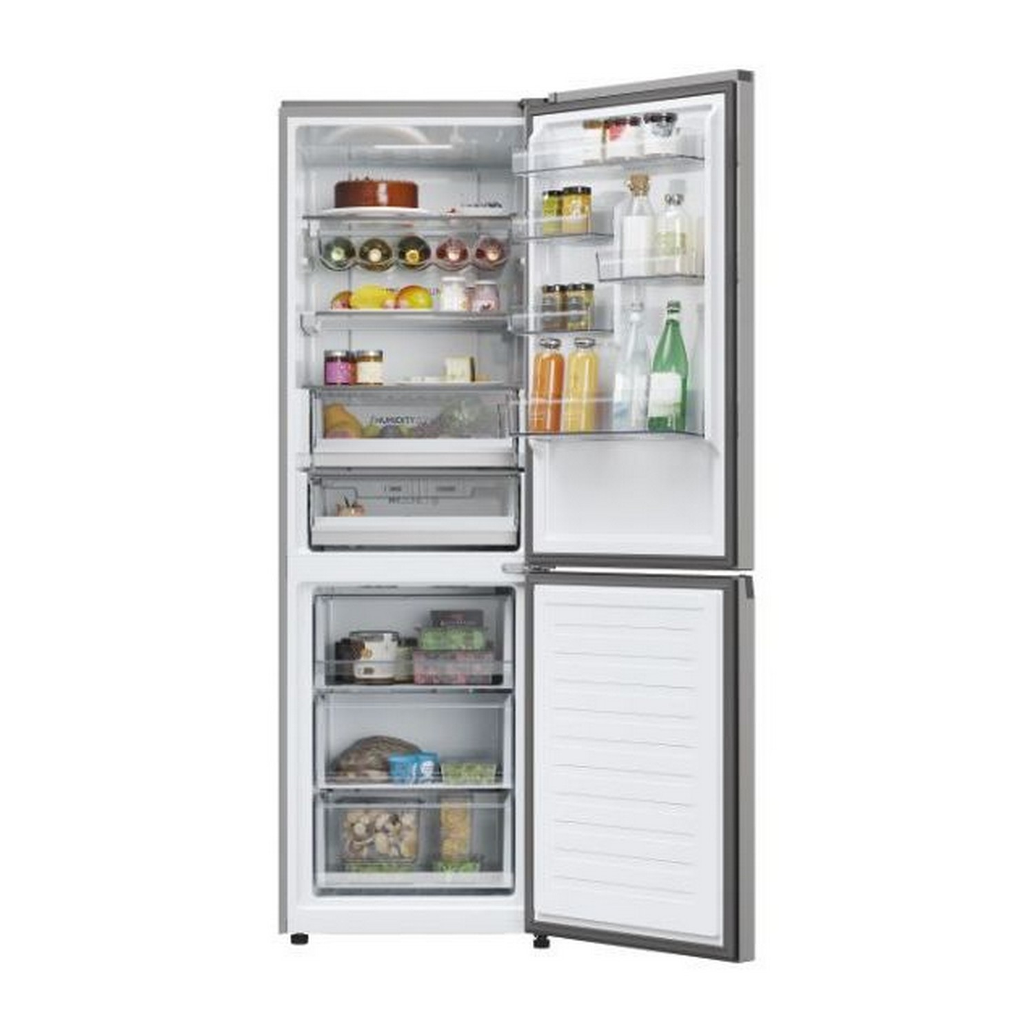 Open koelkast met eten erin. Inclusief planken, laden en diverse items.