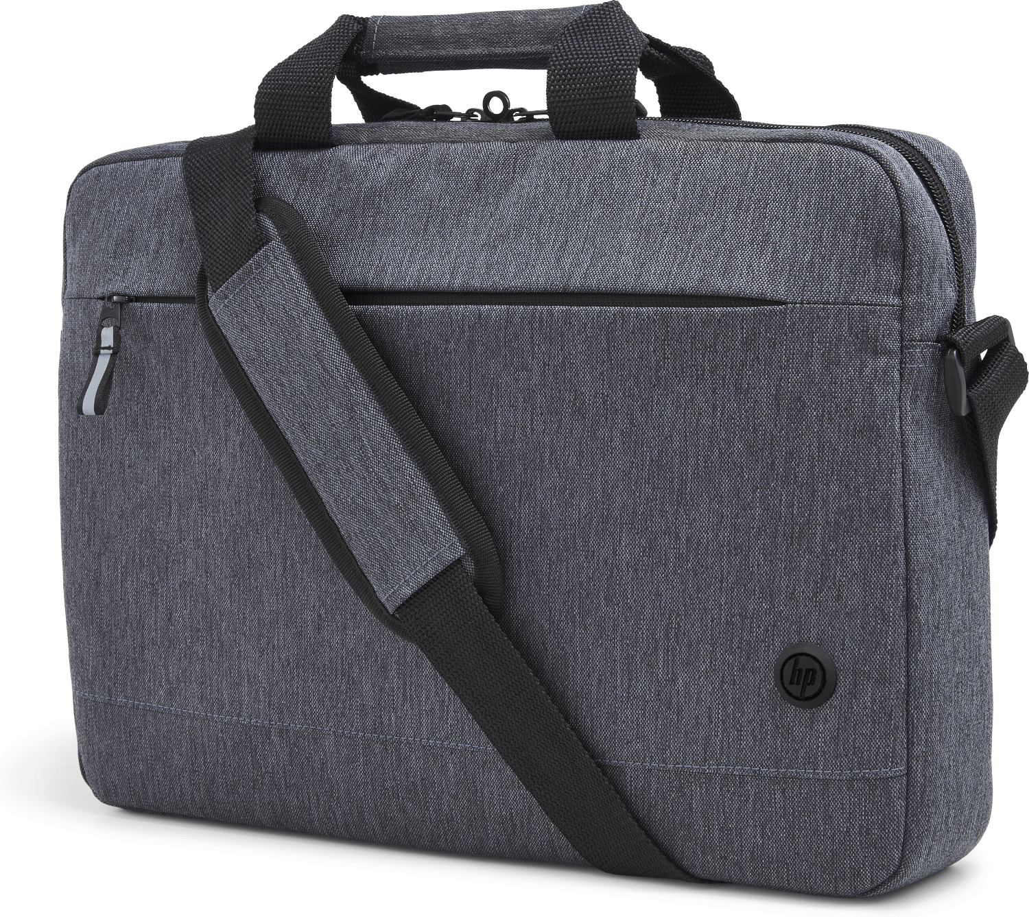 Bolsa para portátil HP gris con bandolera y asas, logotipo HP.
