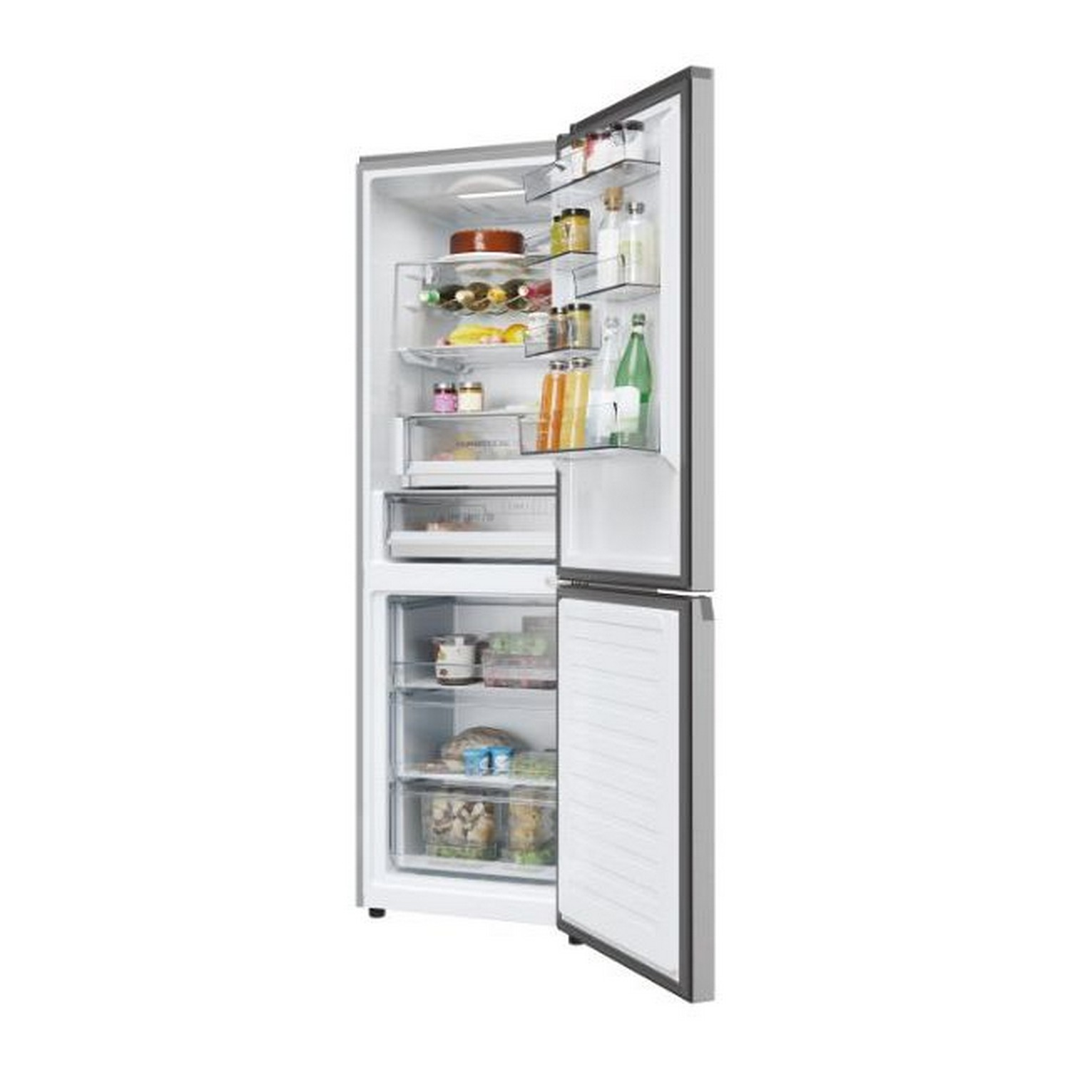 Open koelkast met planken, laden en zichtbare inhoud. Wit interieur en deur.