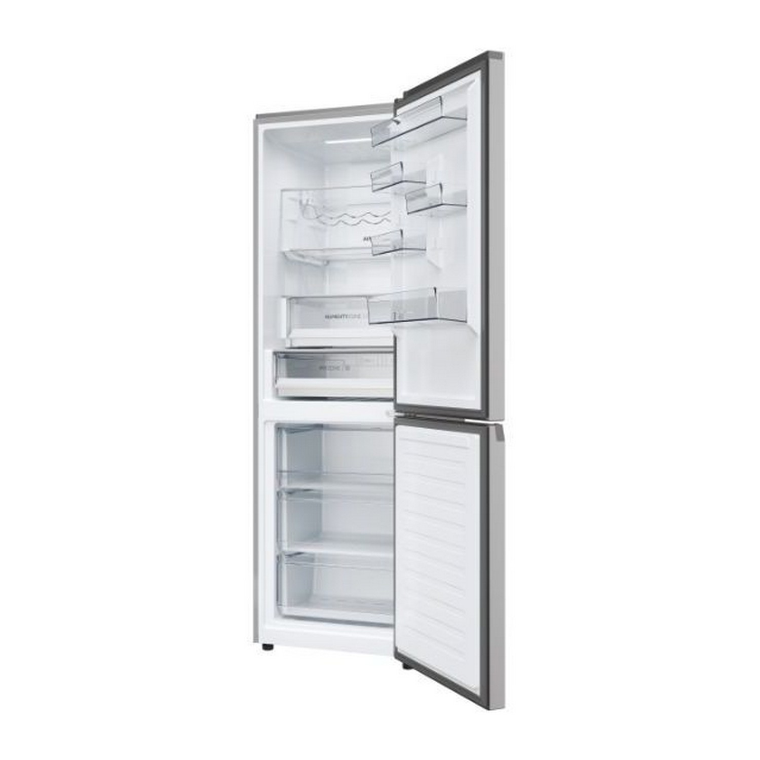 Open koelkast. Interieur met planken, laden en doorzichtige bakken.