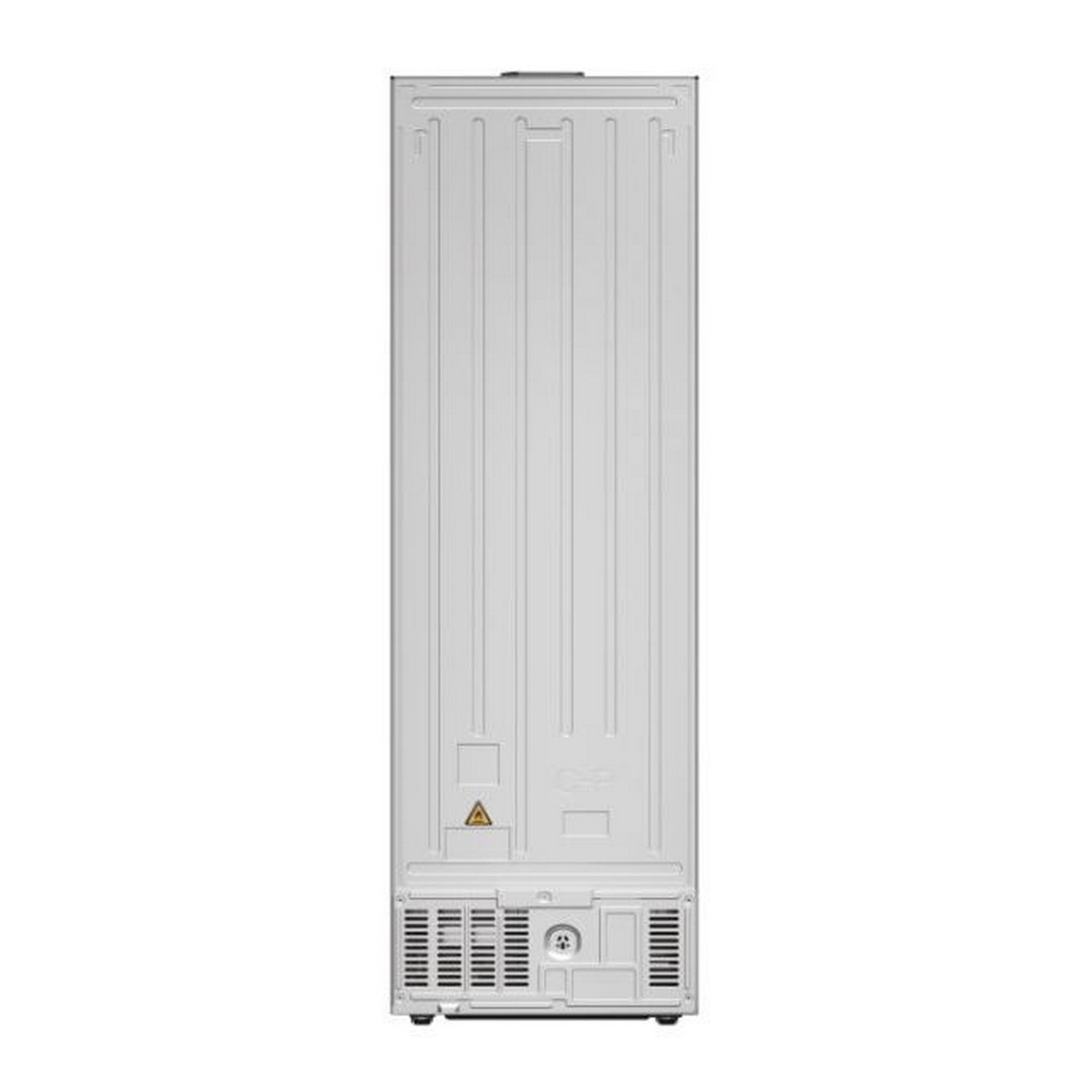 Witte achterkant van de koelkast. Verticale lijnen, ventilatieopeningen en een driehoek.
