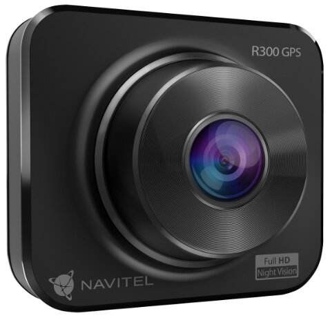 Czarna kamera samochodowa z obiektywem i napisami R300 GPS i Navitel.
