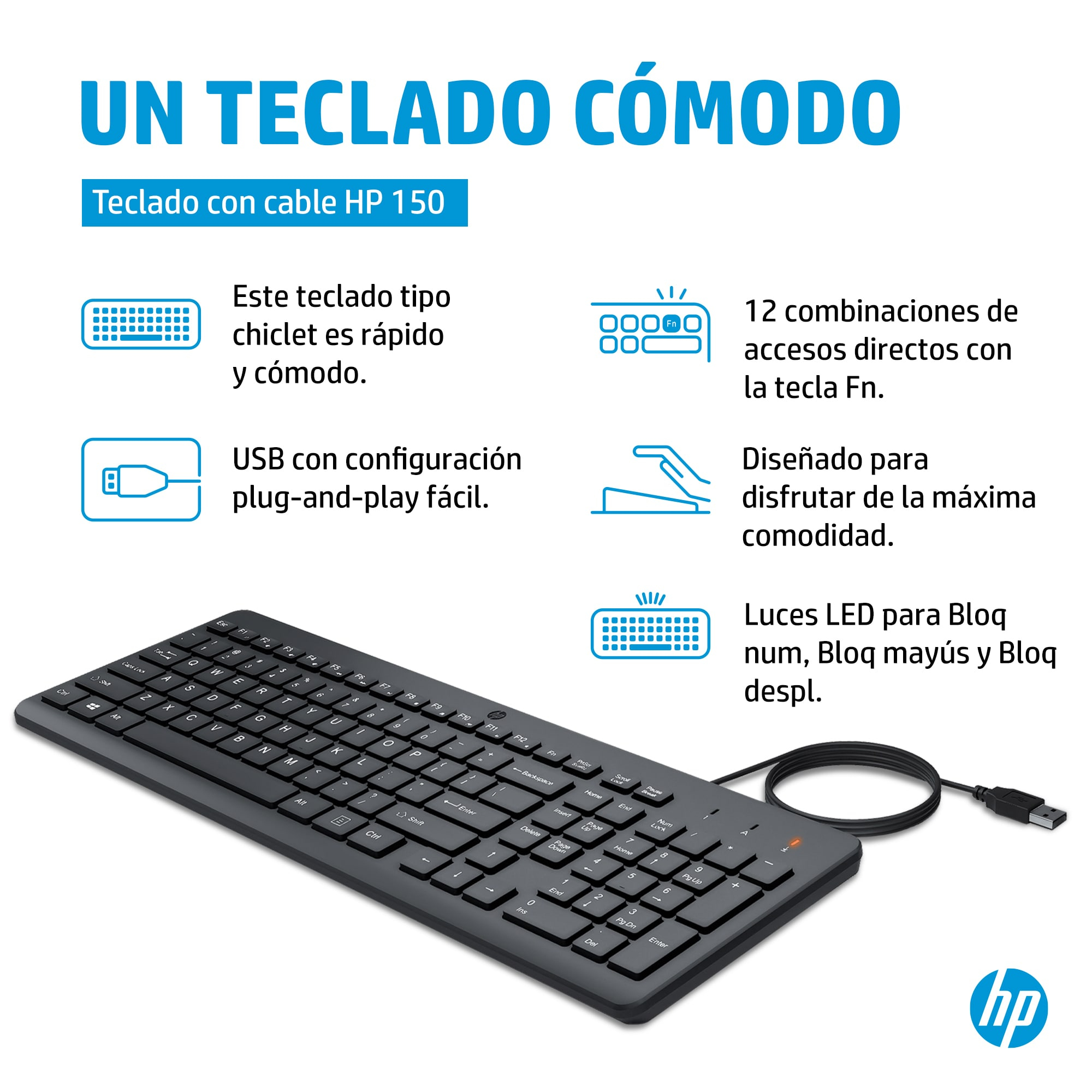 Teclado HP negro con cable USB. Texto e iconos describen funciones. El fondo es blanco.