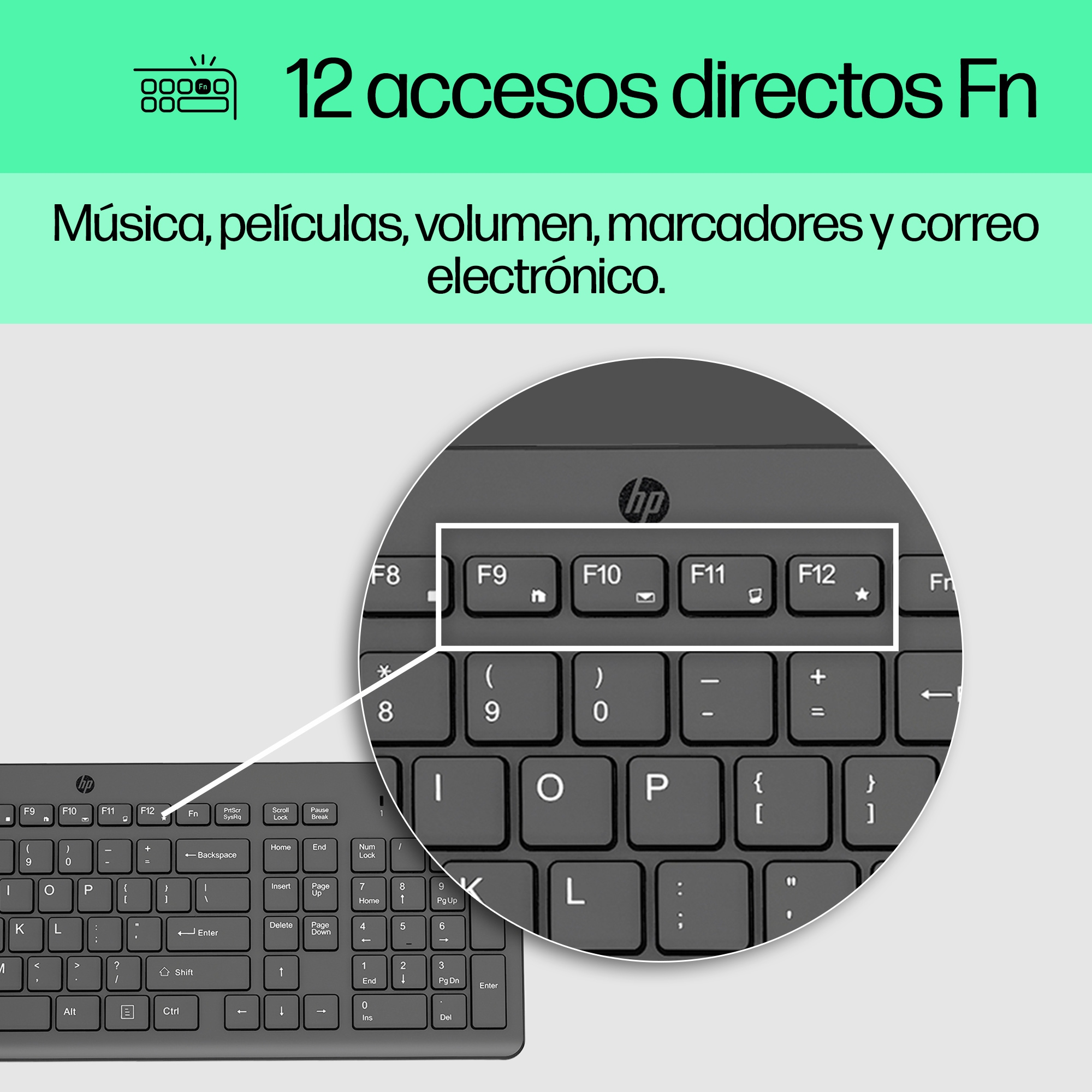 Primer plano de un teclado con teclas de función directa resaltadas con texto español.