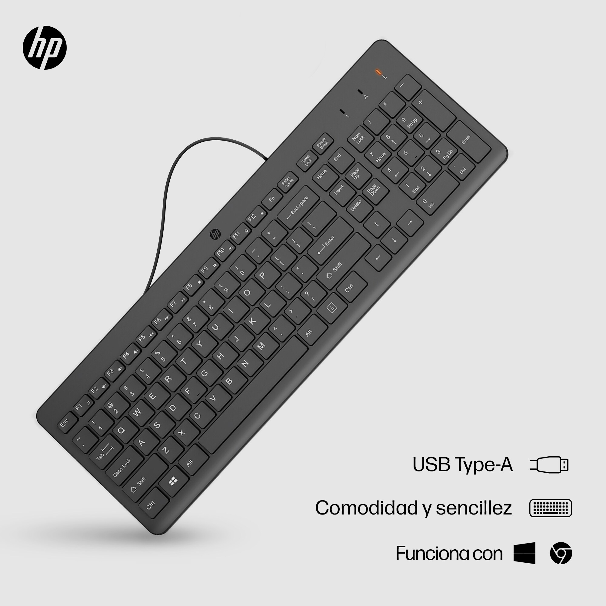 Teclado negro con variedad de teclas y el logo de HP.