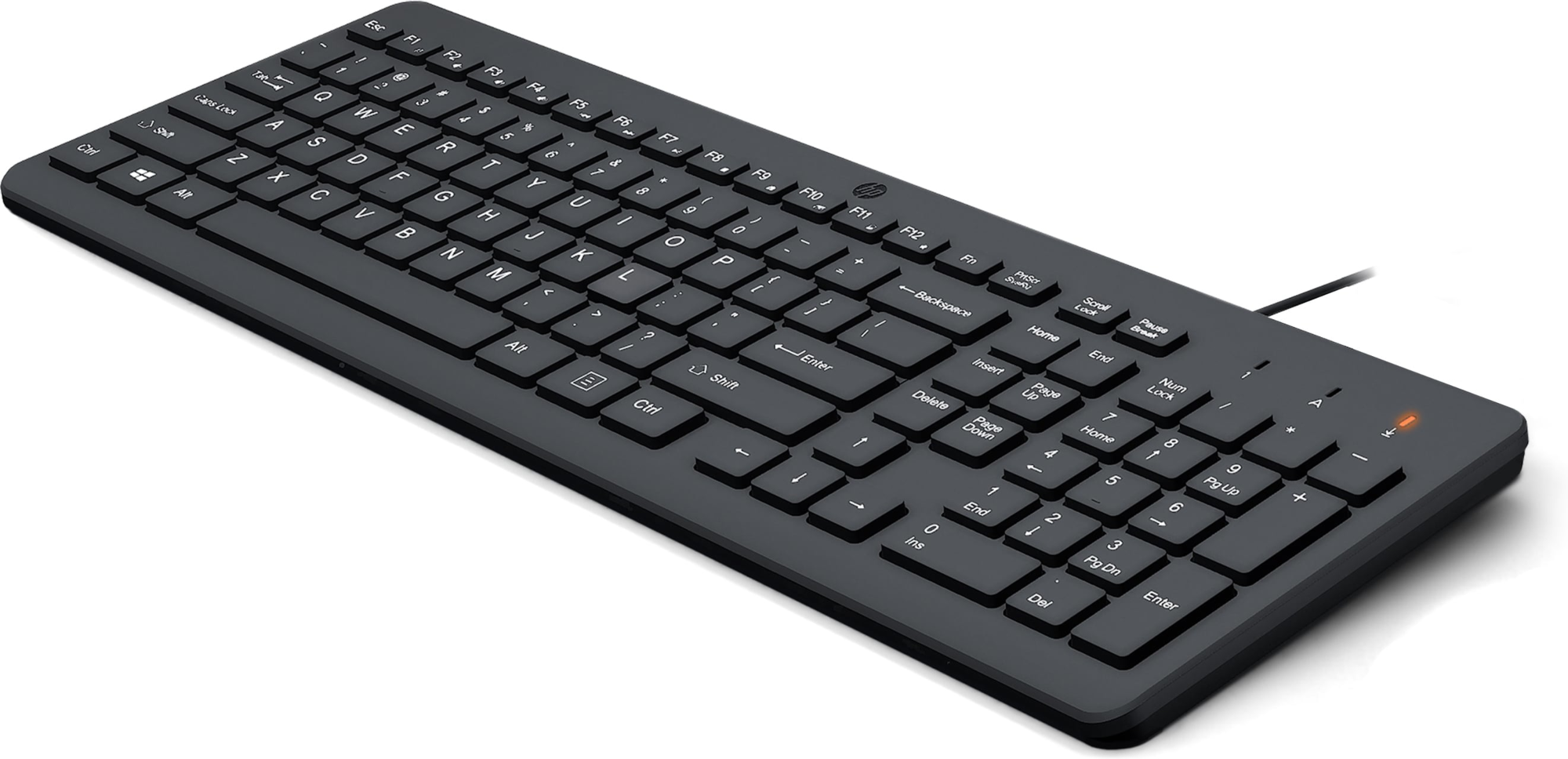 Teclado negro con diseño estándar. Las teclas son blancas con letras negras.