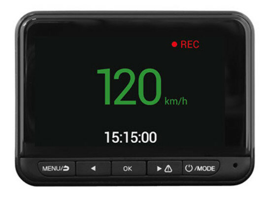 Cyfrowy wyświetlacz pokazuje 120 km/h i czas 15:15:00. Czerwony wskaźnik REC.