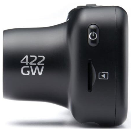 Czarny aparat, widok z boku. Pokazuje przycisk zasilania i gniazdo kart SD. Model 422 GW.
