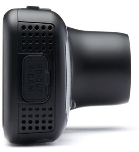 Czarna kamera samochodowa, widok z boku z oznaczonymi portami.