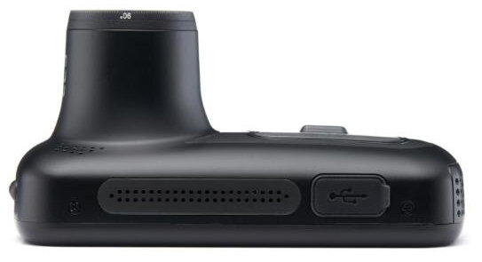 Czarna kamera samochodowa z portem USB i otworami wentylacyjnymi z boku.