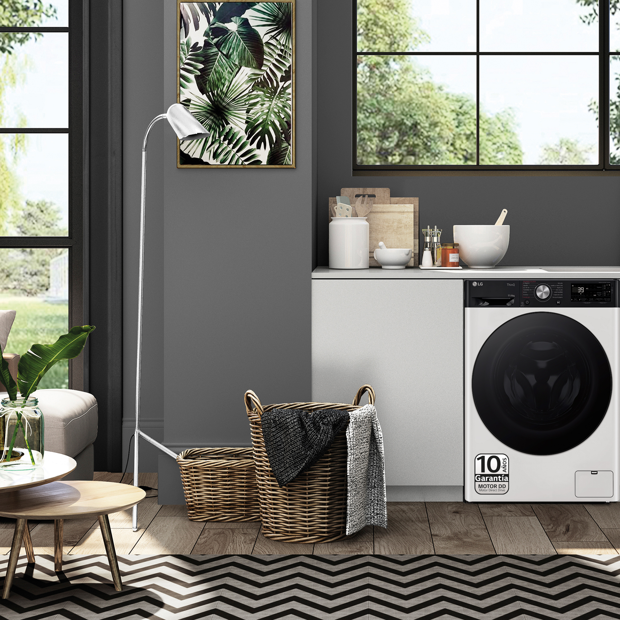 Una cocina moderna con lavadora, lámpara de pie y alfombra estampada.