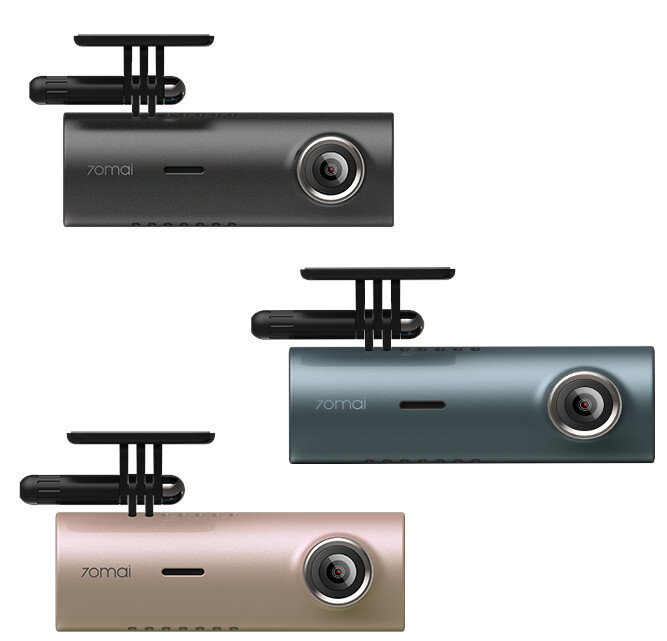 Trzy kamery samochodowe w różnych kolorach: czarnym, niebieskim i różowego złota.