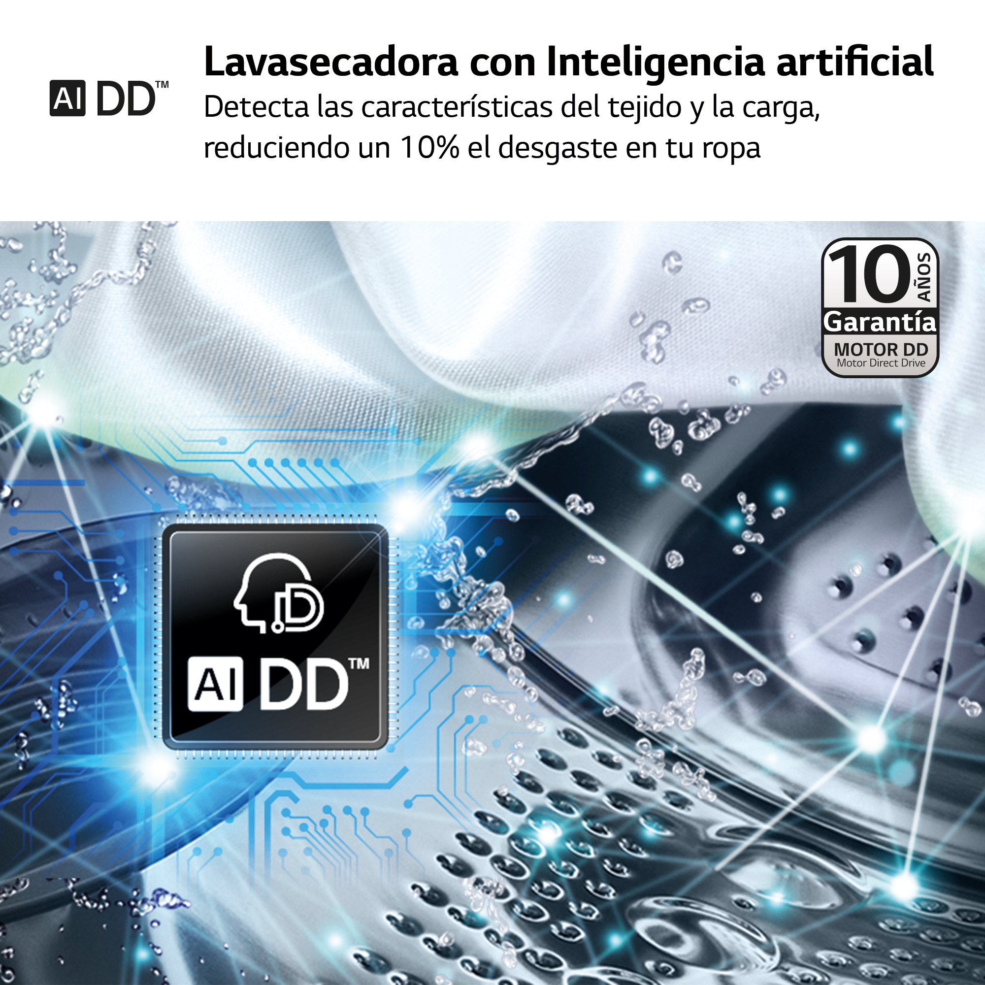 Primer plano de una lavadora con logotipo AI DD y efectos de agua.