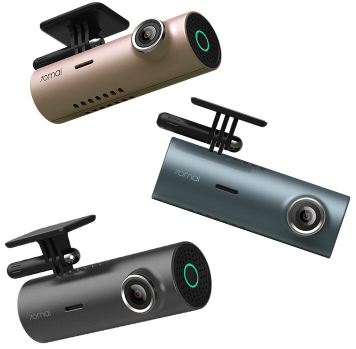 Trzy kamery samochodowe, w kolorze złotym, szarym i czarnym, z uchwytami montażowymi. Każda kamera ma obiektyw i zielone światło.