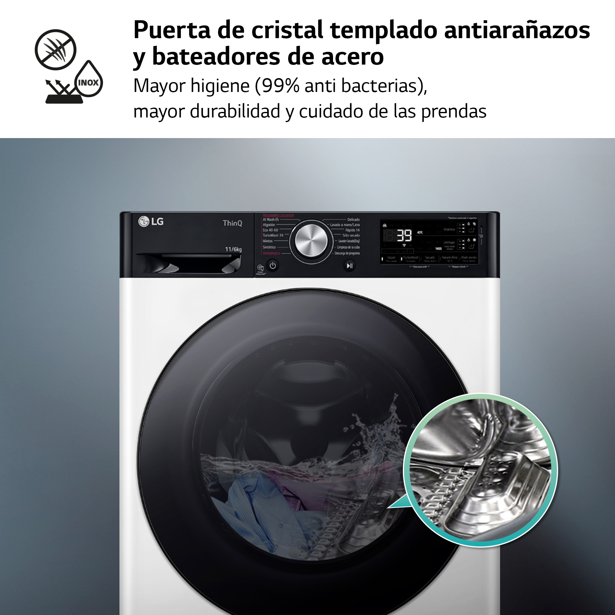 Una lavadora negra y roja con elementos detallados y texto.