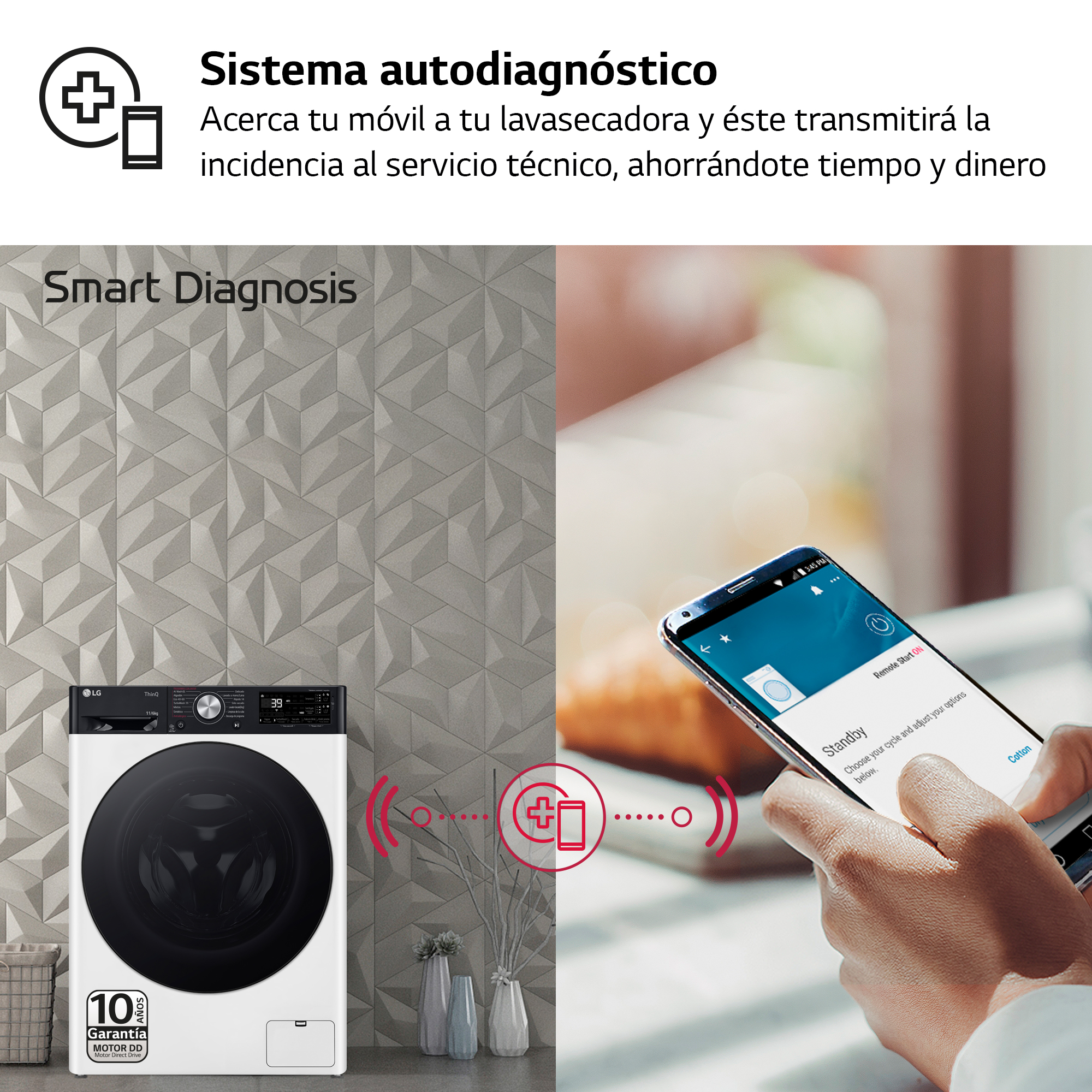 Imagen que muestra una lavadora, un teléfono y la función de diagnóstico inteligente.