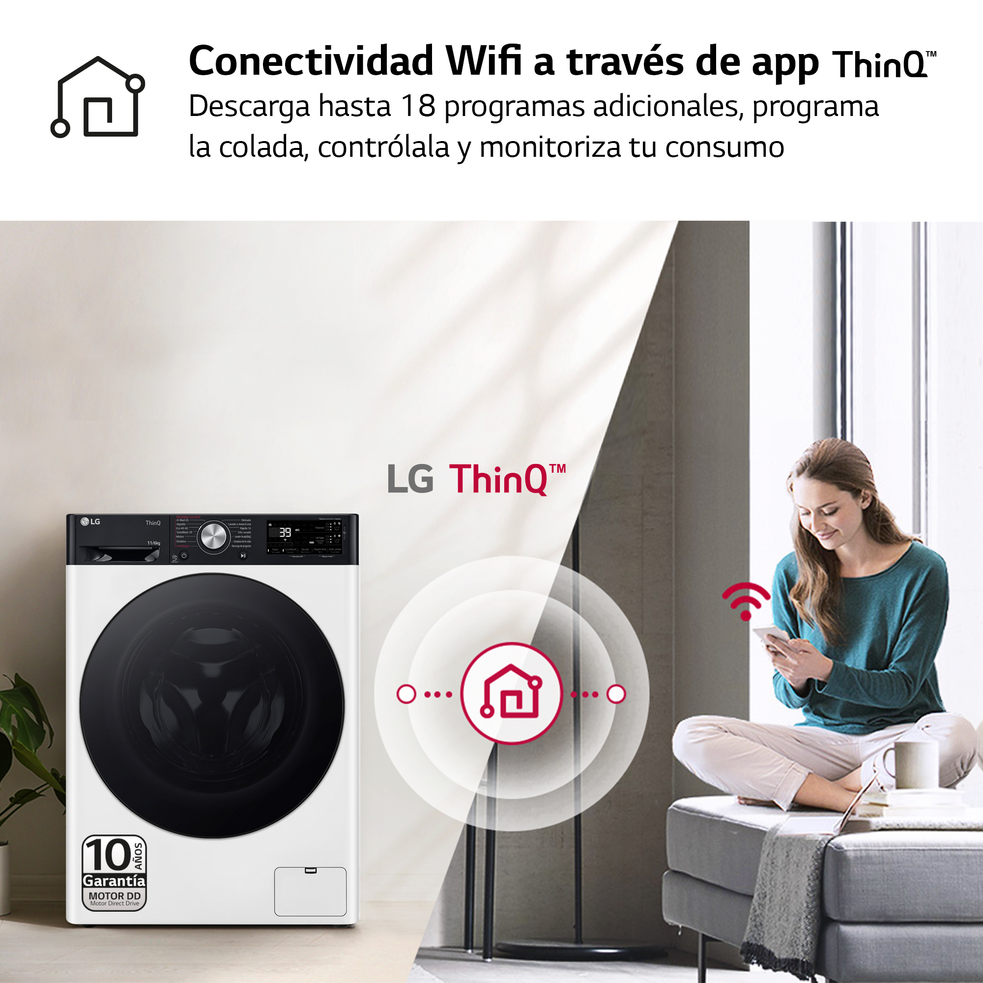 Mujer usando un teléfono para controlar una lavadora blanca con WiFi.