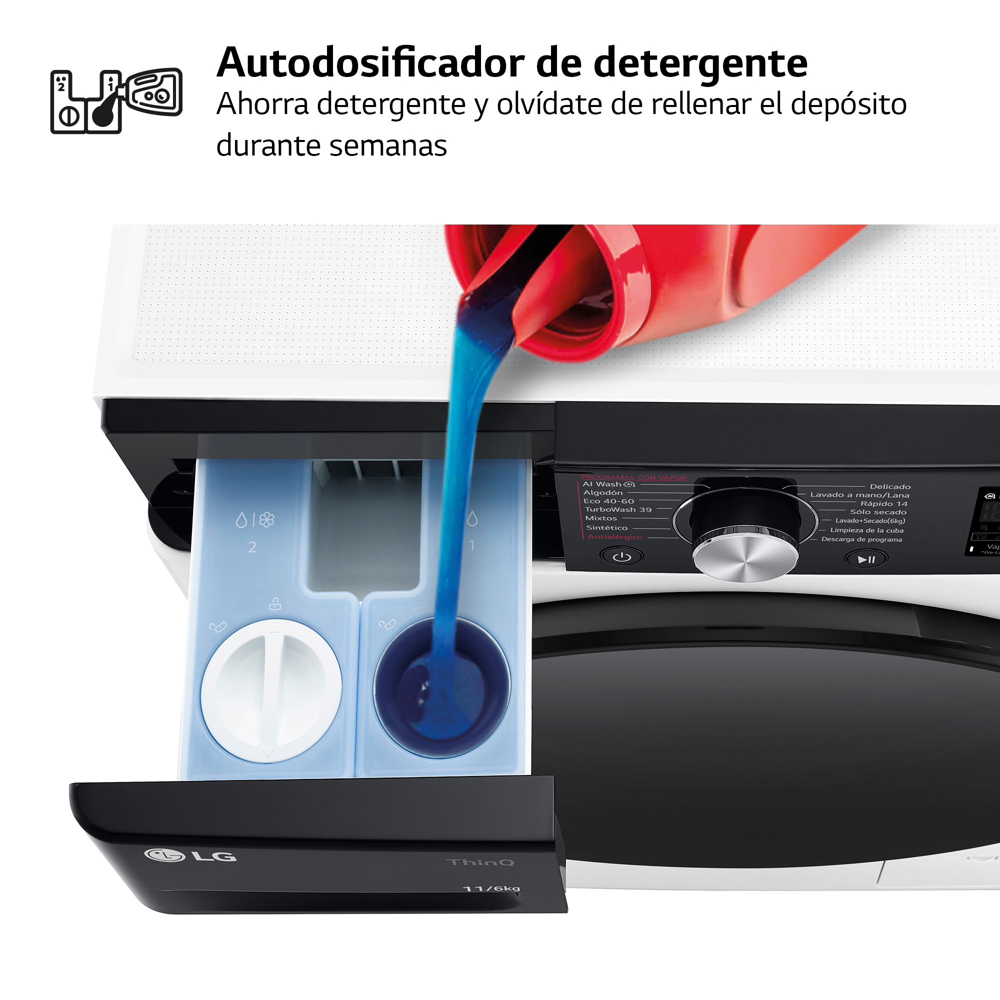 Lavadora que muestra el detergente que se vierte en el dispensador.
