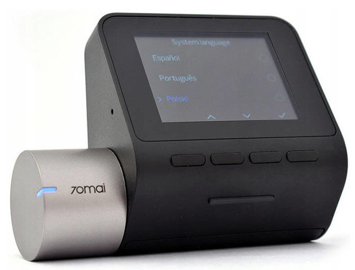 Czarna kamera samochodowa z ekranem wyświetlającym menu wyboru języka.