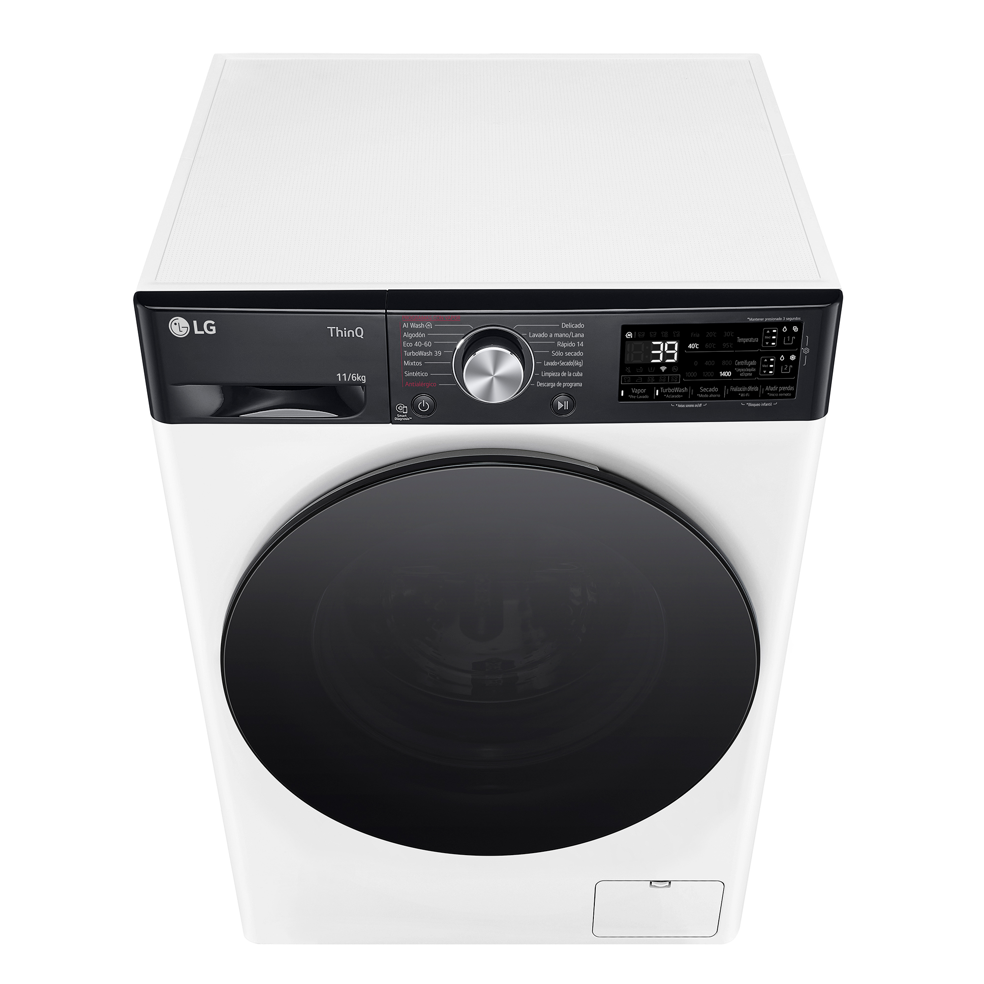 Lavadora LG blanca y negra con puerta de carga frontal y pantalla digital.