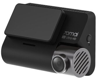 Czarna kamera samochodowa z ekranem i obiektywem, z metalowym wykończeniem, na jasnym tle. Logo 70mai Ultra HD.