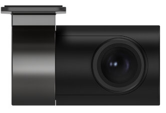 Czarna kamera samochodowa z obiektywem i uchwytem na białym tle.