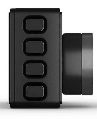 Czarne urządzenie kamery z czterema przyciskami z jednej strony i obiektywem z drugiej, na białym tle.