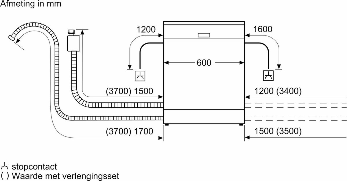Dessin technique d'un lave-vaisselle avec dimensions et détails de connexion.