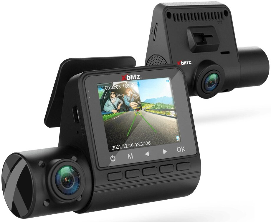 Dwie czarne kamery samochodowe, jedna z ekranem pokazującym widok drogi i przyciski. Jedna jest ustawiona z tyłu pod kątem.