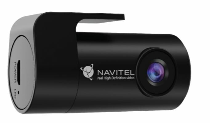 Czarna kamera samochodowa Navitel, z obiektywem, portami zasilania i LED oraz logo marki.