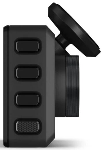 Czarny wideorejestrator samochodowy z boku z przyciskami i ekranem, na białym tle.