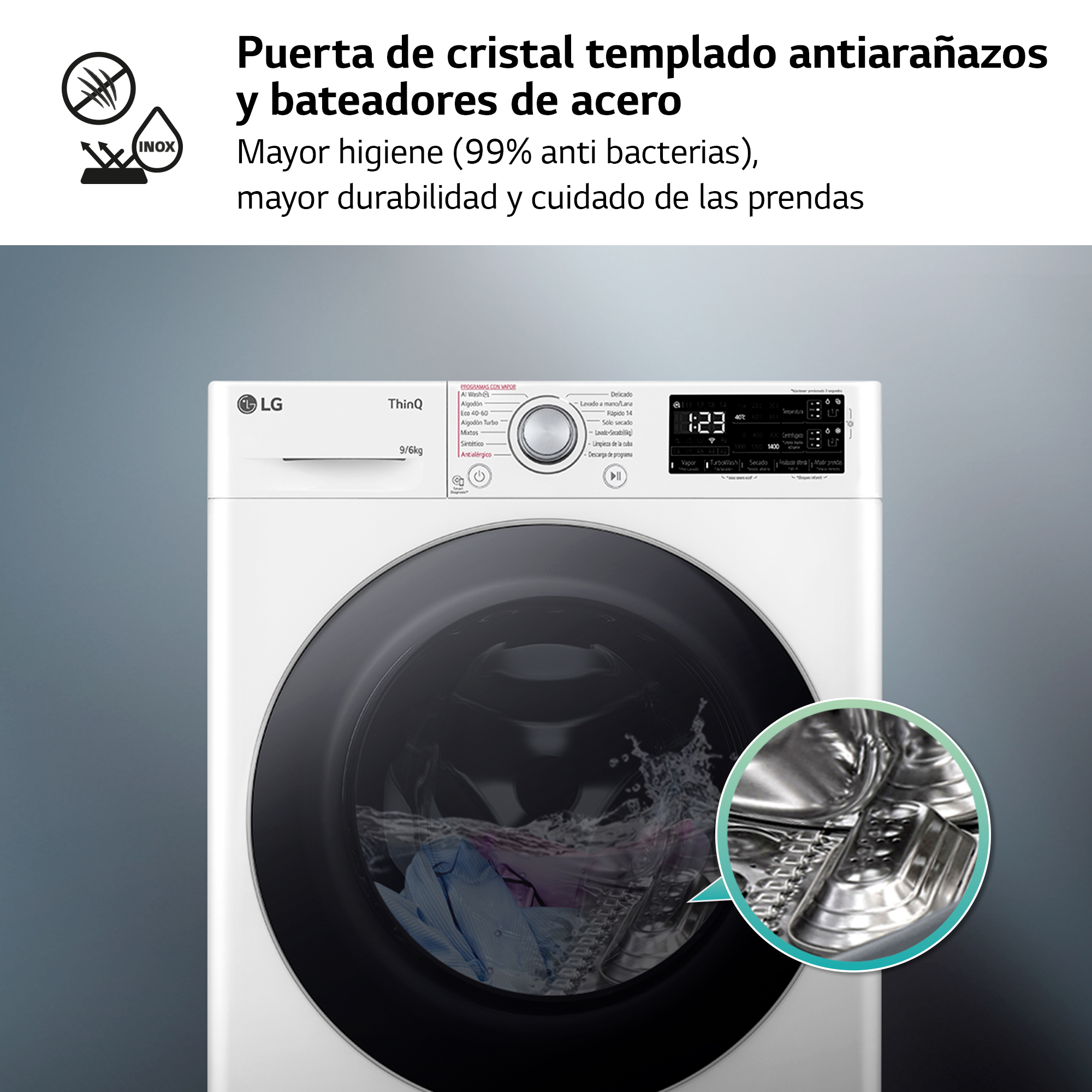 Una lavadora LG blanca con puerta y panel de control negros. Un primer plano de la puerta está en un círculo.