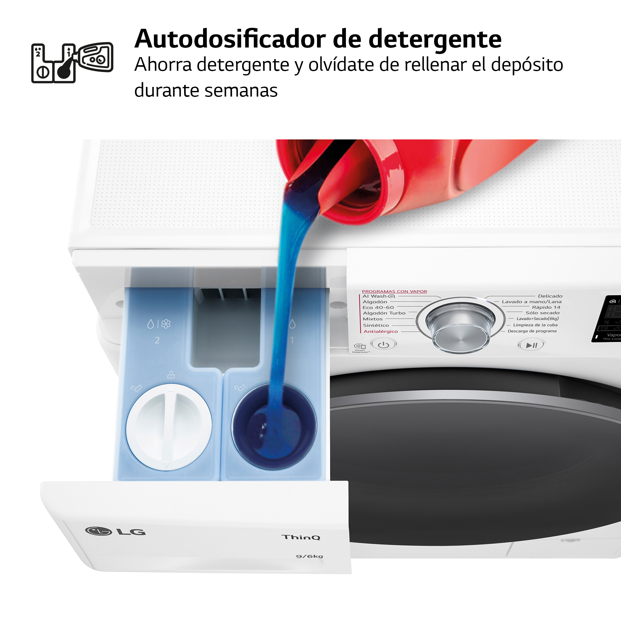 Primer plano de una lavadora. Una botella roja de detergente vierte líquido azul en el dispensador.