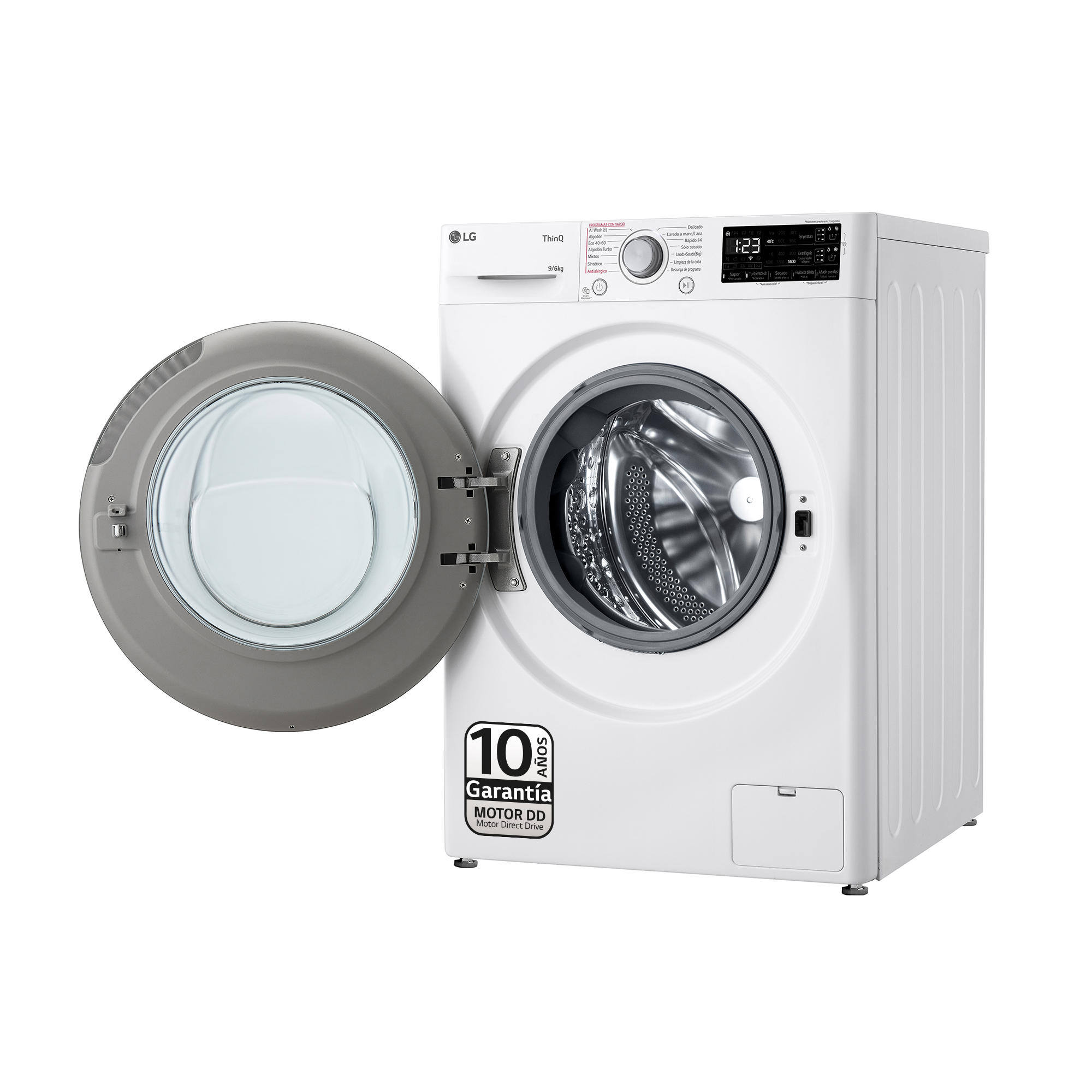 Lavadora blanca con puerta abierta mostrando el interior.