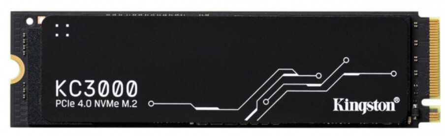 Czarny dysk SSD NVMe M.2 Kingston KC3000, z białym tekstem i wzorem płytki drukowanej, na białym tle.
