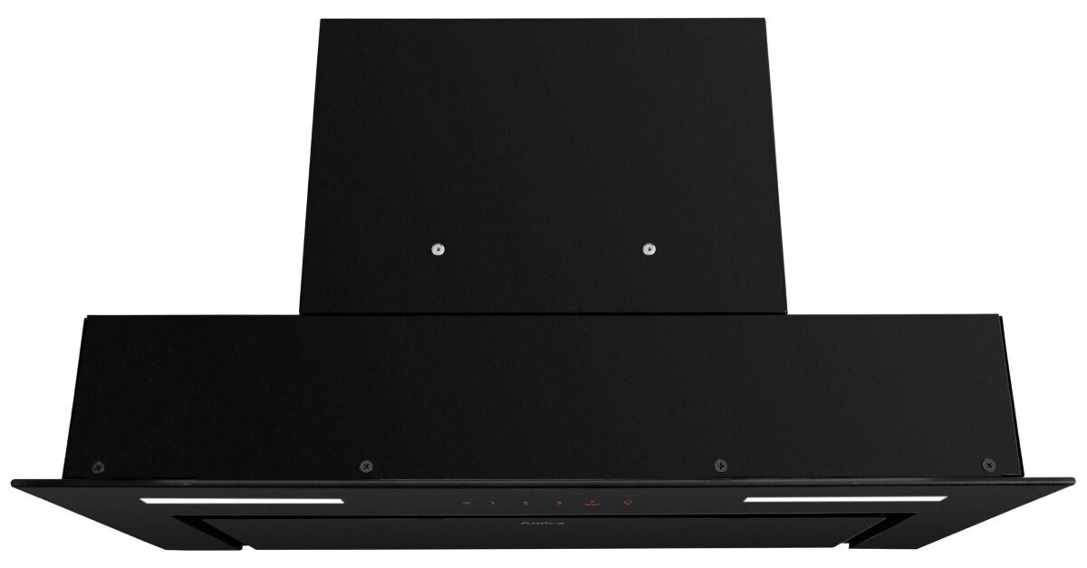 Czarny okap o prostym designie, zamontowany na białej ścianie.