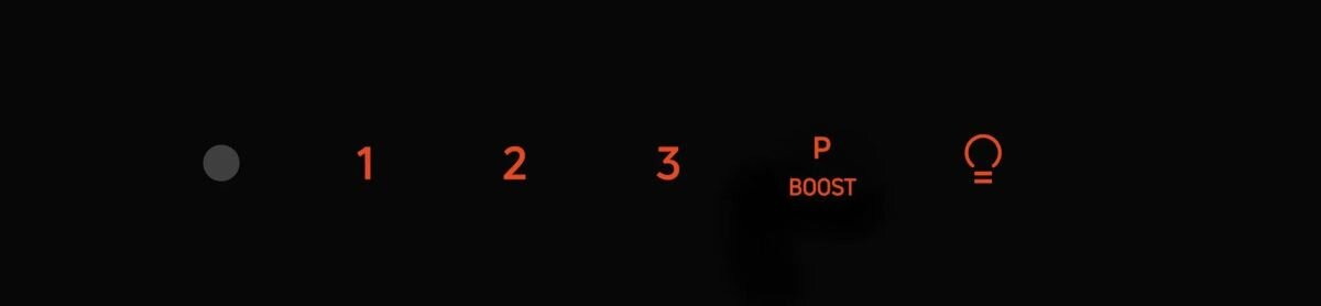 Czarny panel sterowania płyty grzejnej z ponumerowanymi wskaźnikami i symbolem światła.