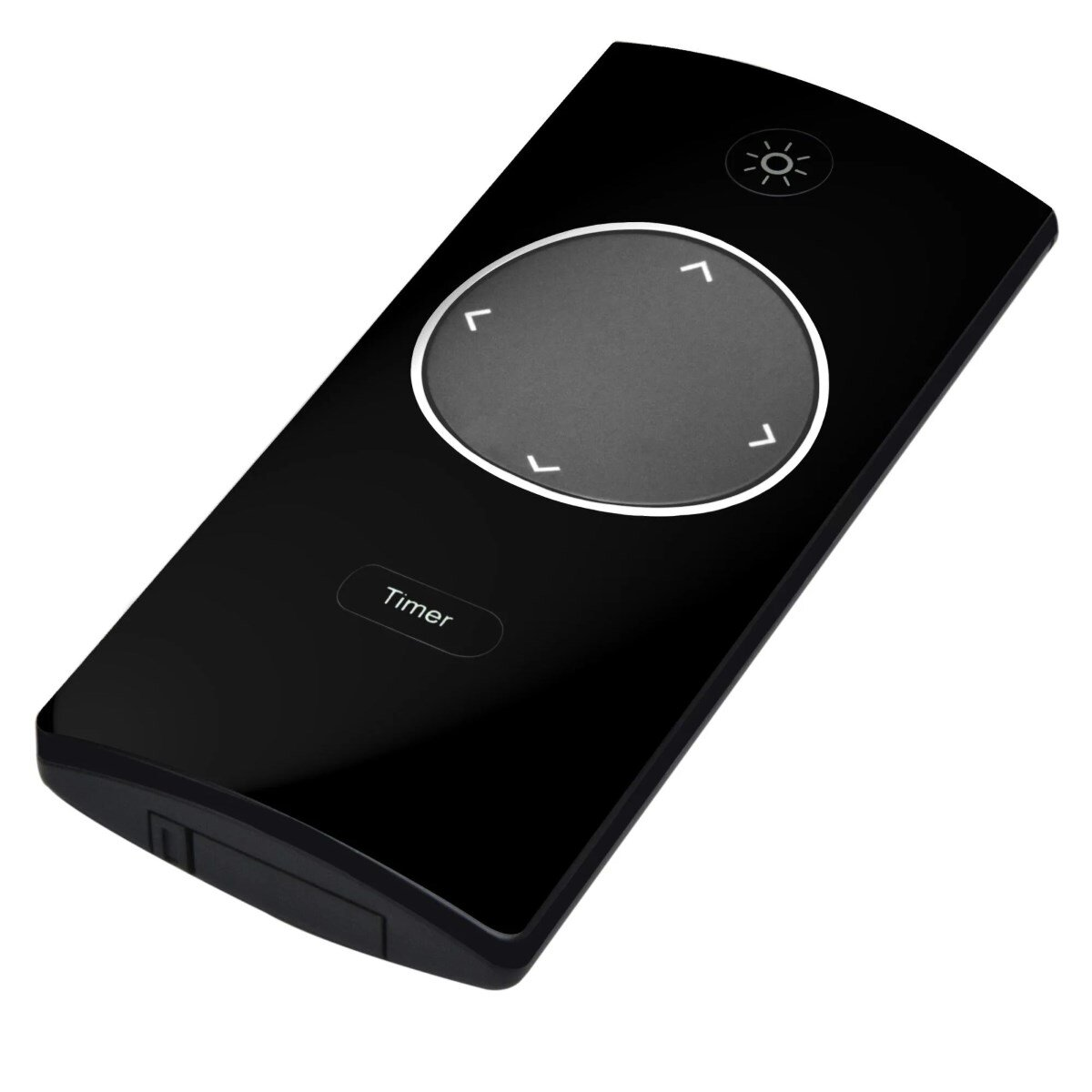 Czarny pilot z okrągłym panelem dotykowym i przyciskiem timera. Jest błyszczący.