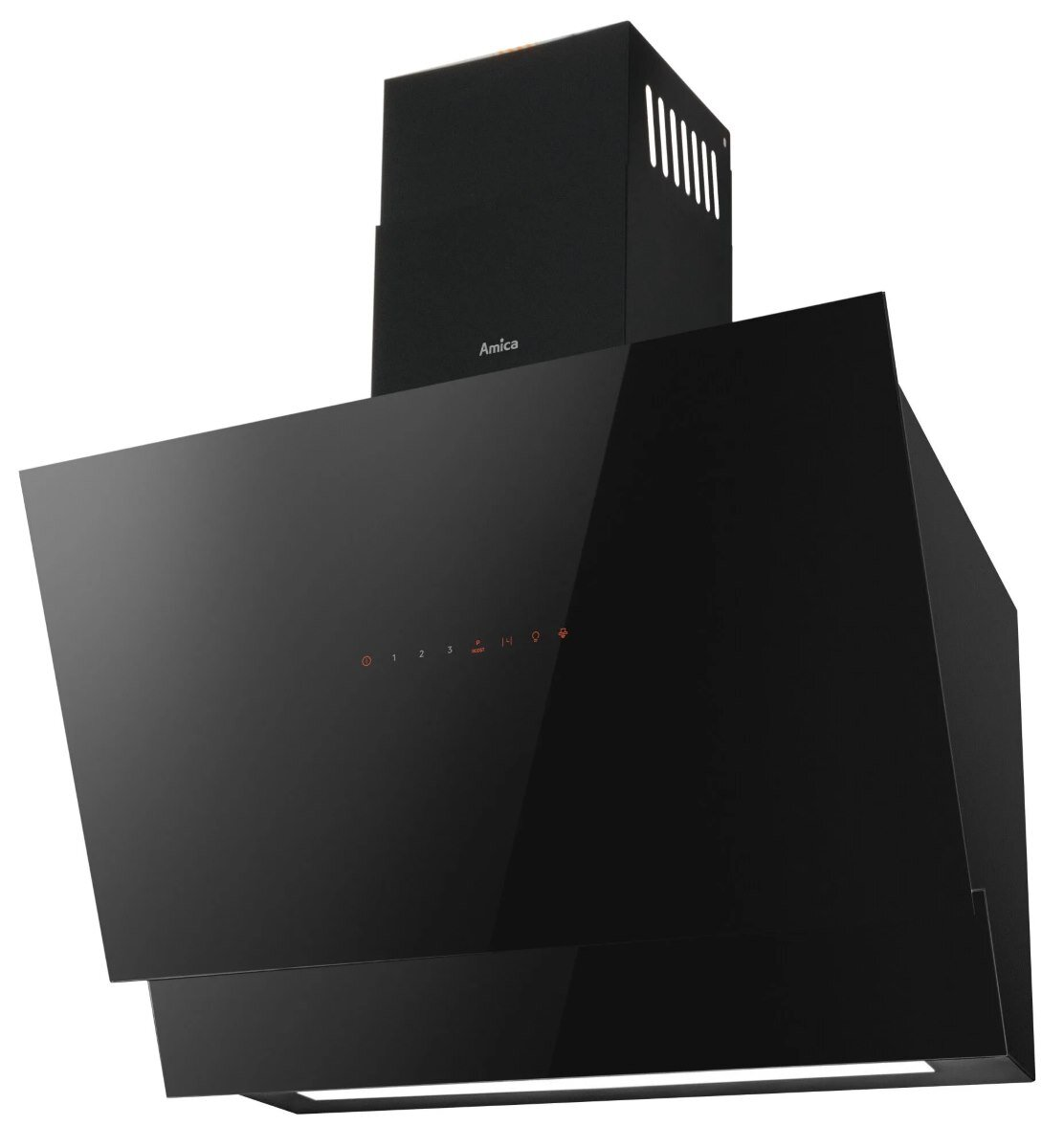 Czarny okap z szklanym frontem i pomarańczowymi podświetlanymi elementami sterowania. Wysoki komin.