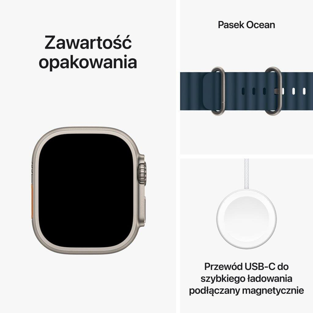 Apple Watch z niebieskim paskiem i białym kablem ładującym.