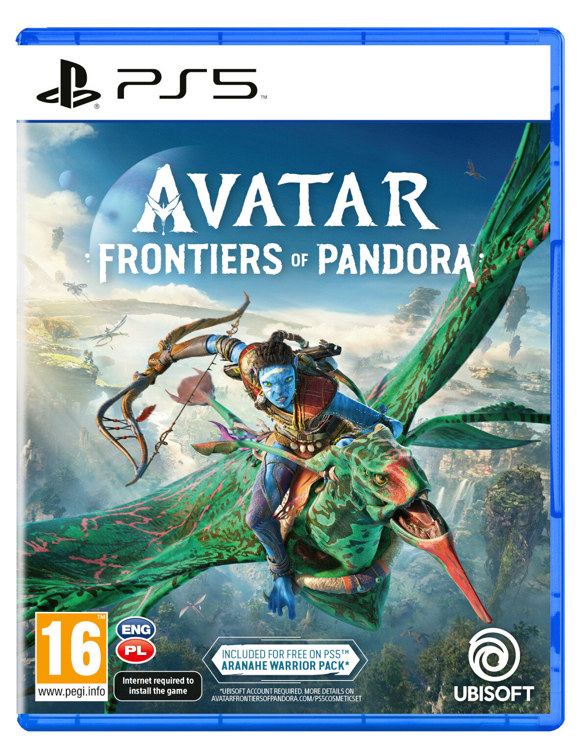 Pudełko gry wideo Avatar: Frontiers of Pandora. Niebieska okładka i postacie.
