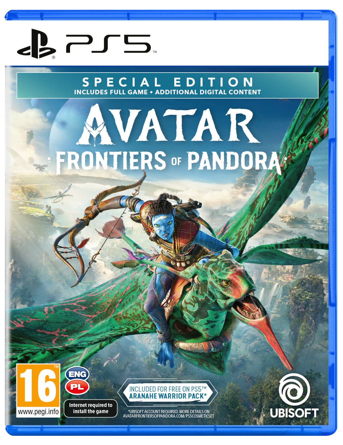 Pudełko gry Avatar: Frontiers of Pandora, z postacią Na'vi jadącą na stworzeniu.