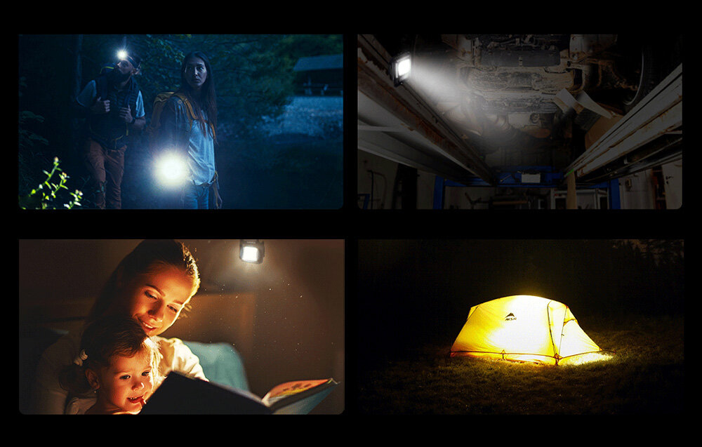 Kolaż zdjęć pokazujących różne zastosowania świateł w różnych ciemnych sceneriach.