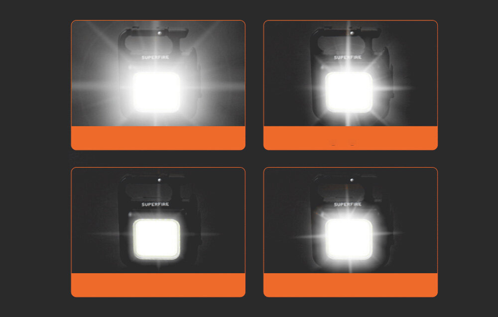 Cztery obrazy jasnej latarki z różnymi trybami światła.